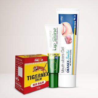                       Combo Of 3 Indkus Nexa Tigernex Red Balm 10gm, Oranex Smile Gel 15gm and Green Apple Lip Balm 10gm                                              