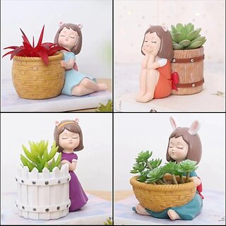                       Homeberry Piece of 4 Basket Girls Pots Succulent Planter For Office & Home Decorative Showpiece  -  13 cm (Resin, Multicolor)                                              