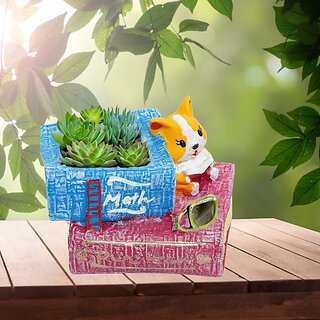                       Homeberry Double Book with Corgi Dog Resin Flower Pot Succulent Home Decor Cute Planters Decorative Showpiece  -  9 cm (Resin, Multicolor)                                              