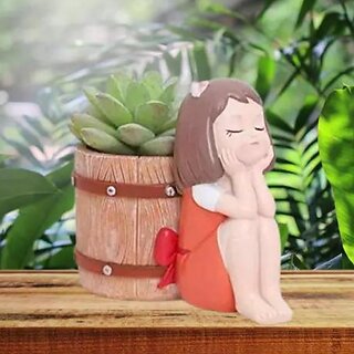                       Homeberry Cute Girl with Basket Designed Flower Pots without Plant Decorative Showpiece  -  9.5 cm (Resin, Multicolor)                                              