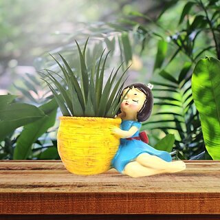                       Homeberry Handcrafted Basket Girl Mini Planter for Home Decoration Gifting Item Decorative Showpiece  -  10 cm (Resin, Multicolor)                                              