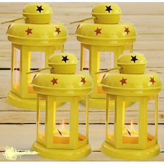                       The New Look Set Of 4 Metal Yellow T-Lites Tea Light Candle Holder Lanterns                                              