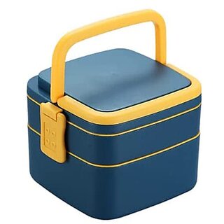                       Double-Layer Square Lunch Box with Handle, 2 Compartment Plastic Tiffin with Push Lock for Travelling, Kids and Office                                              
