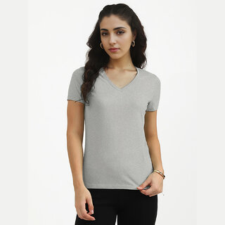                       Women Grey Melange  V-neck T-shirt                                              
