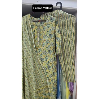 Kurta Pant Dupatta Set Premium (Taj) Cotton - Readymade - Lemon Yellow