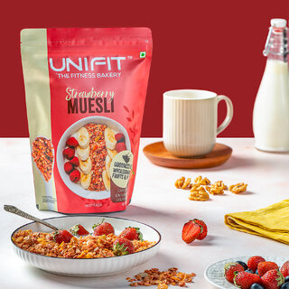UNIFIT Strawberry Muesli for Healthy Breakfast Cereals High in Antioxidants Instant  Crunchy -375g
