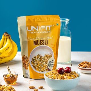                       UNIFIT Muesli with Honey, Raisins  Almonds Cereal for Healthy Breakfast Cereals Instant  Crunchy - 375g                                              