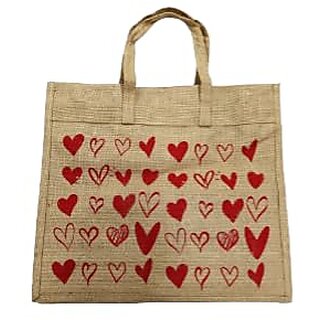 PALAK SAXENA Eco-Friendly Jute Bag-Reusable Red Heart Printed Tiffin/Shopping/Grocery Multipurpose Hand Bag with Zip And Handle for Men and Women