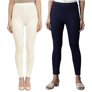 Buy ZIBELL Womens Cotton Lycra Ankle Length Leggings Combo - Comfortable  and Stylish (Off White, Navy) (M)