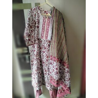 Kurta Pant Dupatta Set Premium (Taj) Cotton - Readymade - Floral Print - Brown