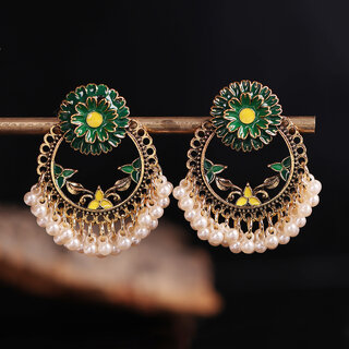 Green with Pearls Hangings Ethnic Drop Dangler Earring for Women Green with Pearls Hangings Ethnic Drop Dangler Earring for Women