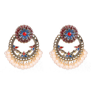                       Pink with Pearl Hangings Ethnic Drop Dangler Earring for Women                                              