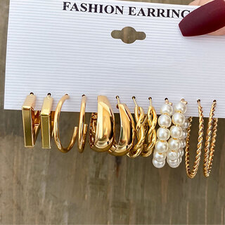                       Mix of Golden  Pearls Pair of 6 Earrings Danglers for Women                                              