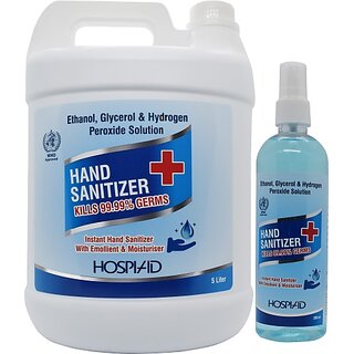 Hospiaid W.H.O Approved  5 Ltr. + 200 Ml Hand Sanitizer Bottle + Refill (5.25 Ml)