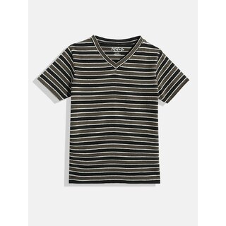                       Boys Black  Olive Green Striped V-Neck T-shirt                                              