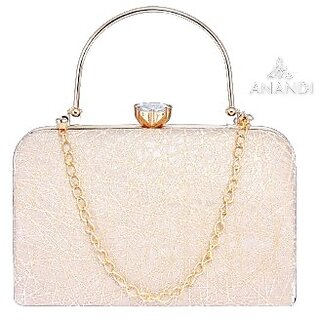                      ANANDI Womens Golden Box Clutch Bag, Ladies Handbag, Sling Bag, Woman Wallet or Purse Gold Shimmer Bridal Clutch                                              
