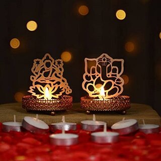                       Aseenaa Shadow Lakshmi Ji And Ganesh Ji Metal Tea Light Stand With 20 Candles Tealight For Diwali Decoration  Golden                                              