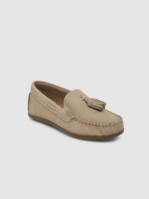 Girls Camel Brown Solid Leather Loafers