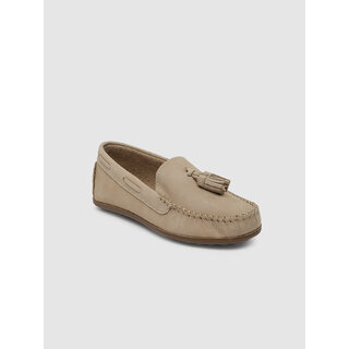                       Girls Camel Brown Solid Leather Loafers                                              