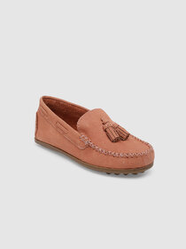 Girls Pink Solid Leather Loafers
