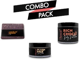 (Combo Of 3) Phenak India Chocolate Brownie Soap - Rich Choco Body Butter - Plush Face Cream