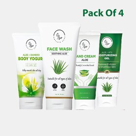 9Hr Pack of 4 Aloe Face Wash (50g) + Aloe Hand Cream (25g) + Aloe + Vitamin E Moisturizing Gel (25g) + Body Yogurt (50g)