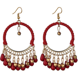                       Golden  Red Tassels Dangler with a Hollow Ring Earrings for Women                                              