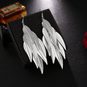 Silver Leaf Tassels Dangler Earrings for Women