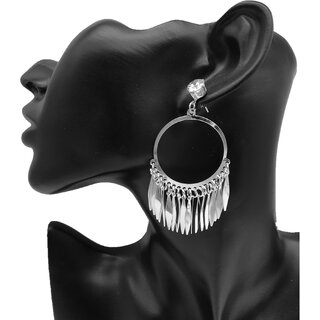                       Silver Quirky Leaf Tassels with a hollow ring Dangler Earrings for Women                                              