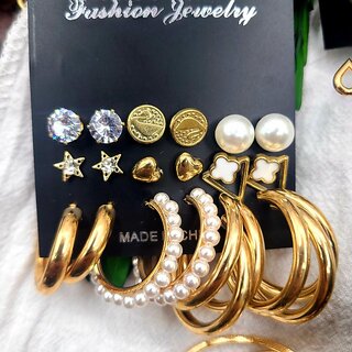                       Golden  Pearls Pair of 9 Earrings for Women                                              