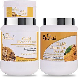                       CLAVINIA Gold Bleach Cream With Activator 1 Kg + Haldi  Chandan Scrub 1000 ml ( Pack Of 2) (2 Items in the set)                                              