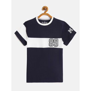                       Boys Navy Blue  White Organic Cotton Striped Round Neck T-shirt                                              