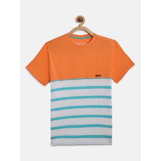                       Boys Orange Organic Cotton Striped Round Neck T-shirt                                              