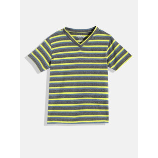                       Boys Grey  Yellow Striped V-Neck T-shirt                                              