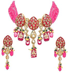 Jewellity Magenta/Hot Pink/Rani Kundan Meenakari Necklace With Earrings Set For Women/Girls NSK-5136