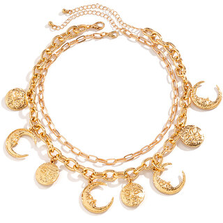                       QUECY Alloy Sun & Moon Double Necklace for Women - Golden Colour                                              