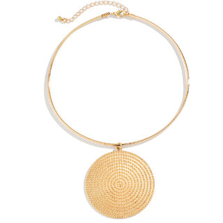                       QUECY Metal Necklace with Large Round Pendant for Women- Golden Colour                                              