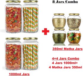 4+4 Combo Glass Jar with Air Tight -Lid Four 1000ml Jars+ Four 350ml Matka Jars for Kitchen Storage Pack of 4+4(8)