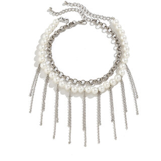                       QUECY Imitation White Pearls with Stainless Steel Chain with hanging accessories                                              