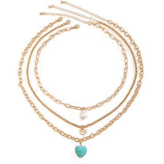                       QUECY Metal Three Layer Necklace with Imitiation Pearl Turquoise Heart & Hammered Round Pendant                                              