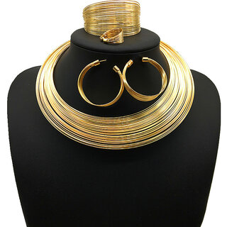                       QUECY Metal Necklace Pair of Earrings Ring & Hand Cuff Jewellery Set for Women - Golden Colour                                              
