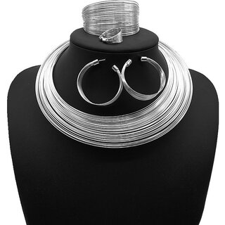                       QUECY Metal Necklace Pair of Earrings Ring & Hand Cuff Jewellery Set for Women - Silver Colour                                              