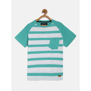                       Boys Organic Cotton Striped Round Neck T-shirt with Contrast Reglan sleeve                                              