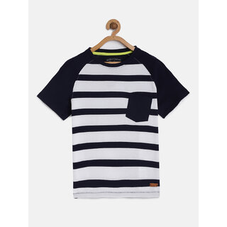                       Boys Organic Cotton Striped Round Neck T-shirt with Contrast Reglan sleeve                                              