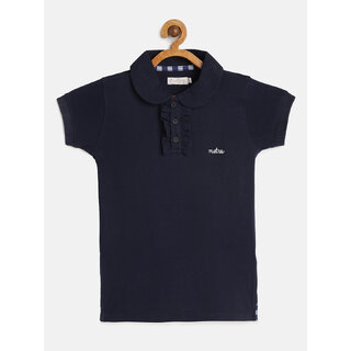                       Girls Navy Blue Organic Cotton Solid Polo Collar T-shirt                                              