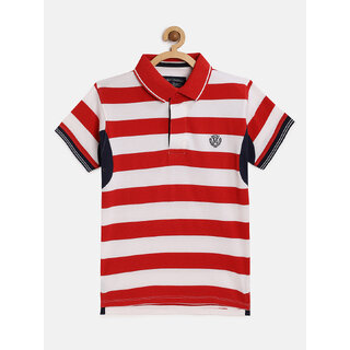                       Boys White  Red Organic Cotton Striped Polo Collar T-shirt                                              