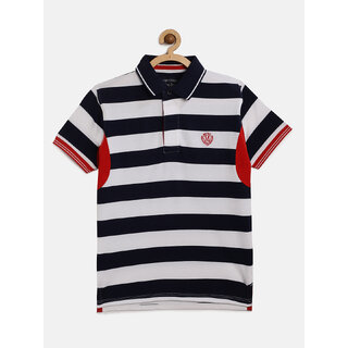                       Boys White  Navy Organic Cotton Striped Polo Collar T-shirt                                              