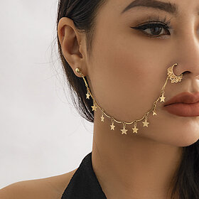 QUECY Metal Non Pierced Star Shaped Designer Nose Chain for Women - Golden Colour