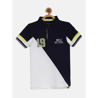                       Boys Navy Blue  White Organic Cotton Colourblocked Polo Collar T-shirt                                              