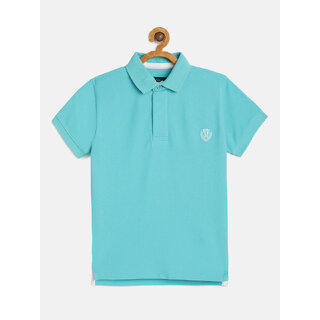                       Boys Turquoise Blue Organic Cotton Solid Polo Collar T-shirt                                              